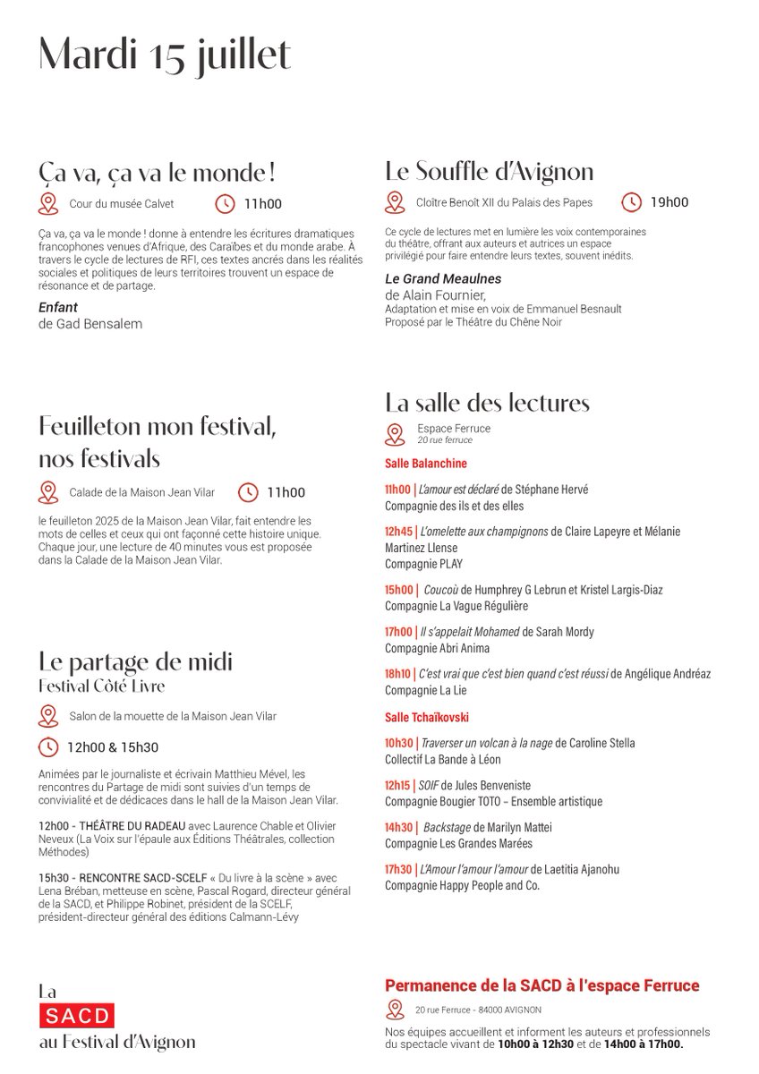 SACDParis's tweet image. #avignon
Riche programme demain au Festival d'Avignon avec le coup d'envoi du cycle @RFI x SACD "Ça va, ça va le monde" et la rencontre SACD x SCELF "Du livre à la scène"
⬇️⬇️ Le programme complet ⬇️⬇️