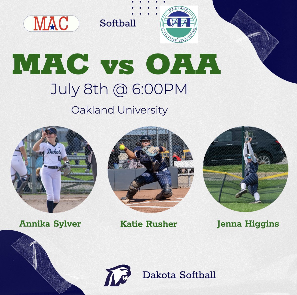 Annika Sylver, Katie Rusher and Jenna Higgins will represent Dakota and the MAC in the MAC vs OAA softball game @ Oakland University - 6pm! Hope to see you there! 😎🥎

#gocougars #cougarpride #macaction #mac