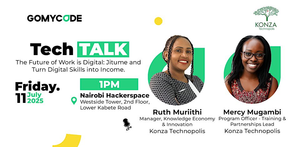 africvibecoders's tweet image. 🚀 Ready to turn your digital skills into income? Join GoMyCode&apos;s Tech Talk: *Jitume - Turn Digital Skills into Income* on July 11, 2025, at 2 PM! 
📍 Nairobi, Kenya. 
Register now: bit.ly/3YJ2z5K 

#Jitume #TechSkills #GoMyCode #SiriNiNumbers #opportunities @gomycode