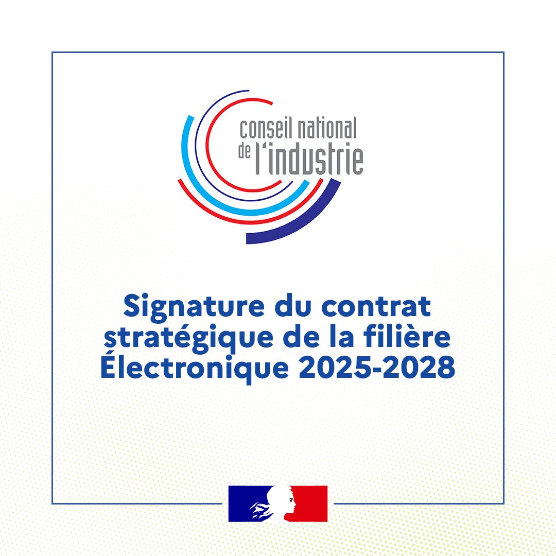 DGEntreprises's tweet image. #Industrie | 📄 Signature du contrat stratégique de la filière (CSF) Électronique.
@FerracciMarc, ministre chargé de l'Industrie et de l’Énergie, et Frédérique Le Grevès, présidente du Comité Stratégique de la Filière Électronique, ainsi que les représentants des organisations…