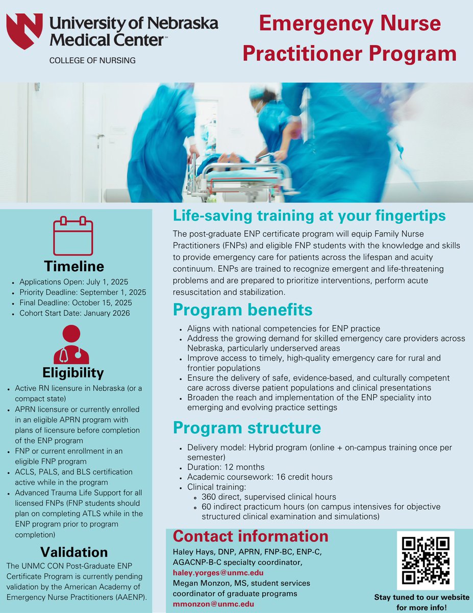 Attention family nurse practitioners and NP students: Applications for the @UNMC College of Nursing’s new Emergency Nurse Practitioner Program are now open! Learn more information at the flyer or link below!

ow.ly/kGTL50WlFl8
