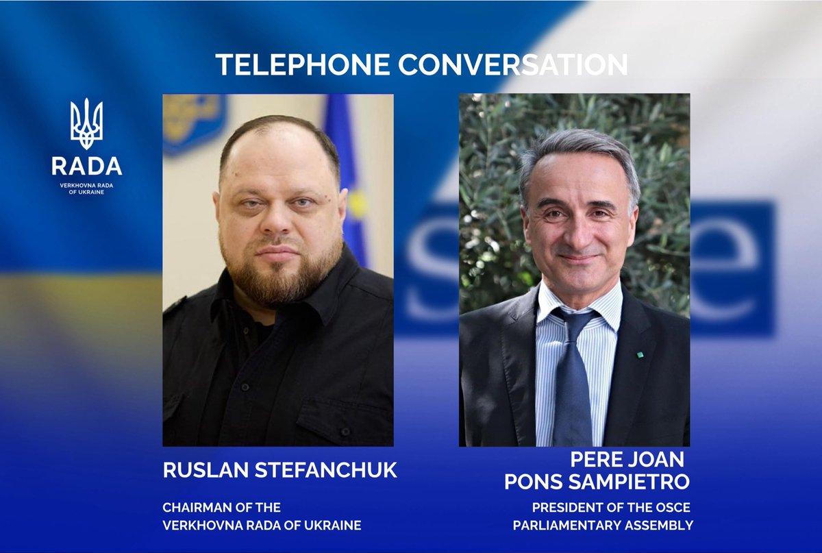 Ruslan Stefanchuk (@r_stefanchuk) on Twitter photo Had a phone conversation with the President of the OSCE Parliamentary Assembly, <a href="/perejoanpons/">Pere Joan Pons Sampietro</a>.
Congratulated him on his election and wished him success during this challenging time for the Organization. Highly appreciated for his clear stance on condemning russian aggression Had a phone conversation with the President of the OSCE Parliamentary Assembly, <a href="/perejoanpons/">Pere Joan Pons Sampietro</a>.
Congratulated him on his election and wished him success during this challenging time for the Organization. Highly appreciated for his clear stance on condemning russian aggression
