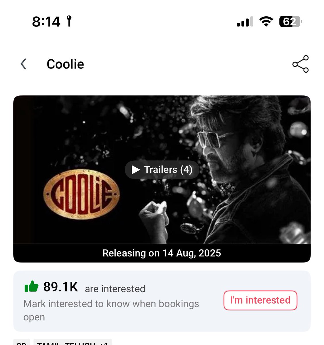 In BMS 

#War2 - 162k Interested 

#coolie - 89k Interested with multi stars