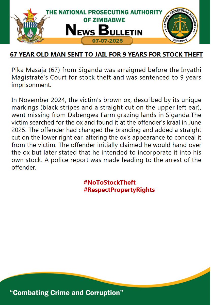 National Prosecuting Authority of Zimbabwe (@npazim) on Twitter photo 67 year old man sent to jail for 9 years for stock theft
#NoToStockTheft
#CombatingCrimeAndCorruption 67 year old man sent to jail for 9 years for stock theft
#NoToStockTheft
#CombatingCrimeAndCorruption