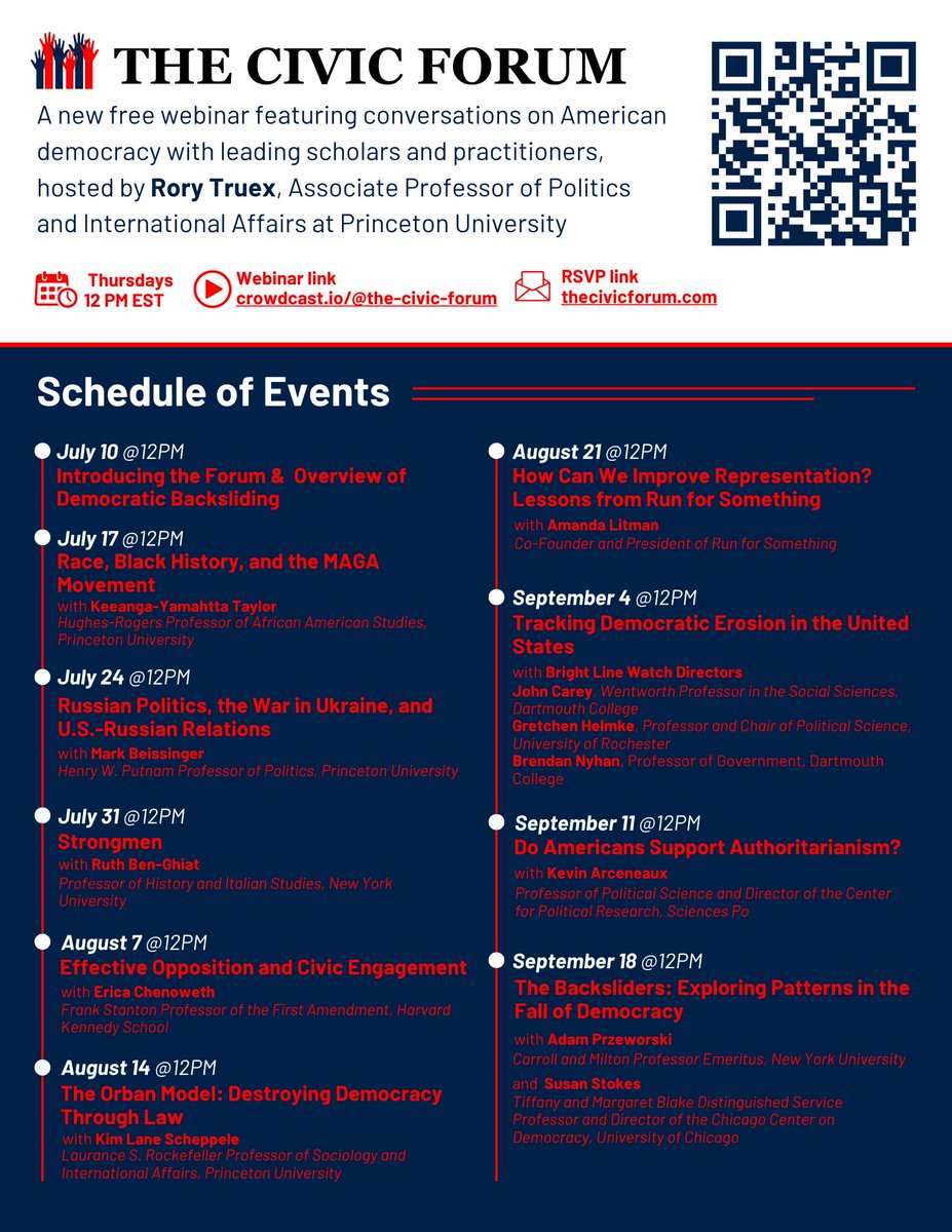 rorytruex's tweet image. The first session of The Civic Forum is this Thursday at noon. I'll be giving a short lecture about how democracy erodes. Register here: crowdcast.io/c/civicforum-s…