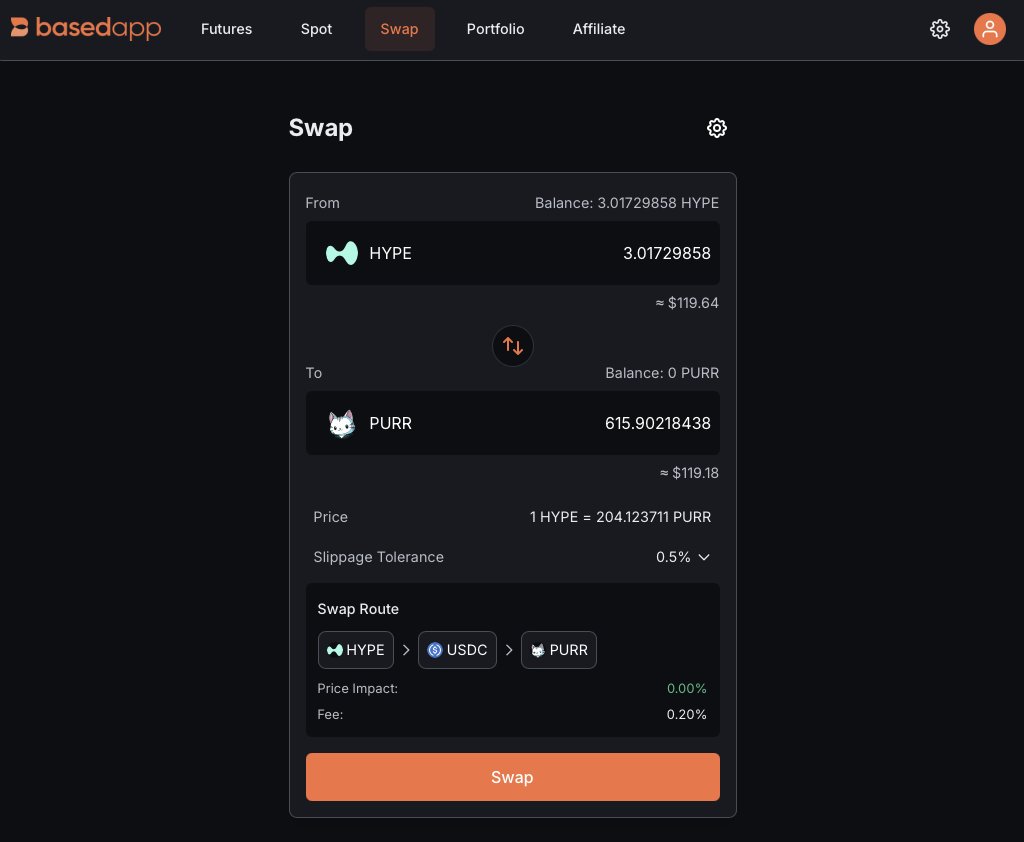 Working on something new at <a href="/HyperliquidX/">Hyperliquid</a> 

First we release mobile.. then we have web <a href="/basedappHQ/">BasedApp</a> 

Other than the obvious futures/spot trading, we also have swap. Can do multi-hops between two non-USDC tickers. 

Next we will integrate HyperEVM too. 

Sneak peak 👀