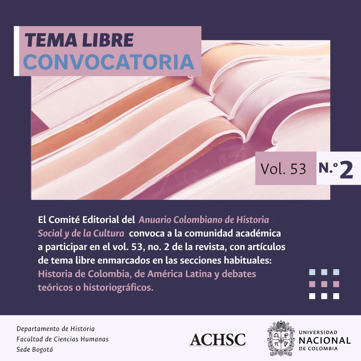 anuhisto_fchbog's tweet image. Les recordamos que se encuentra abierta nuestra convocatoria de tema libre para el vol. 53, no. 2 del 2026
📜Envíos y normas para autores: revistas.unal.edu.co/index.php/achs…
¡Esperamos sus contribuciones!
#Convocatoria #historia #revista