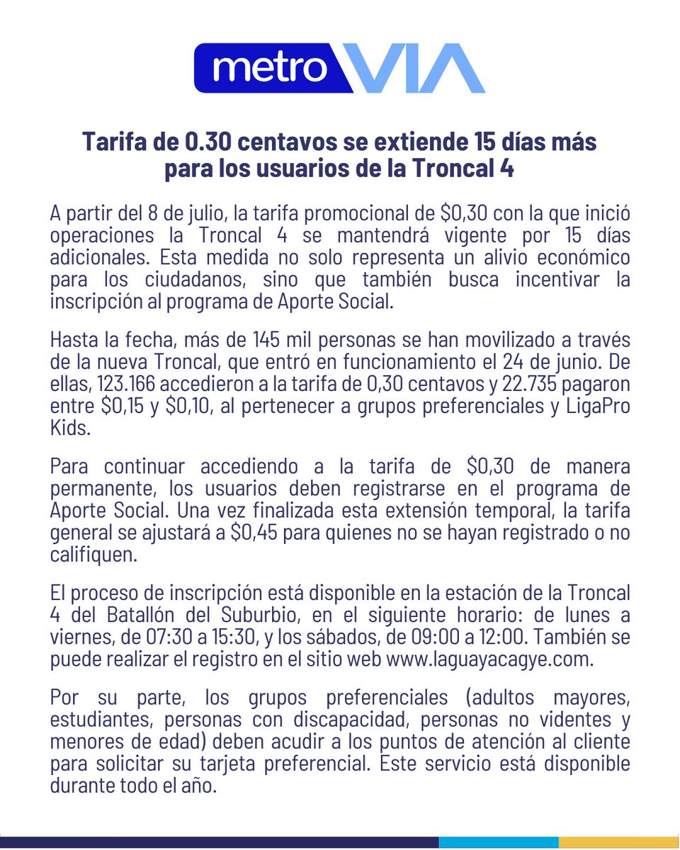 Tarifa de 0.30 centavos se extiende 15 días más para los usuarios de la Troncal 4.