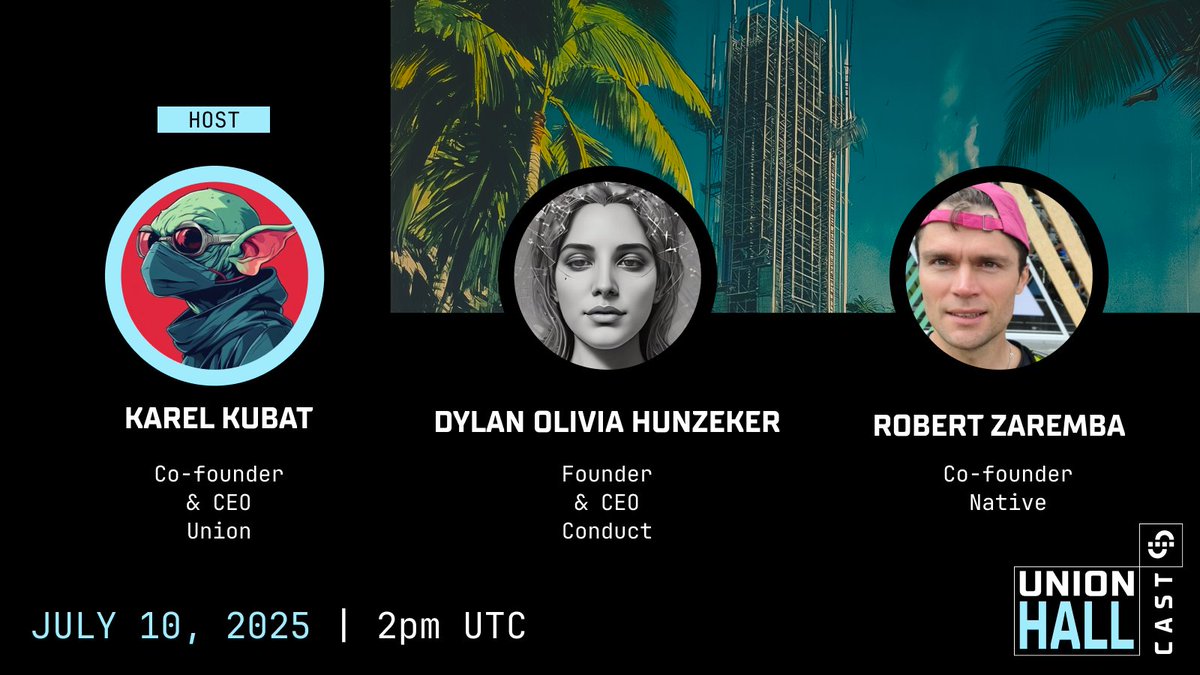 Union 0_______0 (@union_build) on Twitter photo It’s that time again, Union Hall Cast returns this Thursday, hosted by <a href="/0xkaiserkarel/">0xkaiserkarel</a>.
Guests:
<a href="/cryptovcdylan/">dylan olivia hunzeker</a> | <a href="/conduct_xyz/">conduct protocol</a>
<a href="/RobertZarembaIT/">Robert Zaremba | Native BTCFi 🐝</a> | <a href="/goNativeCC/">Native | Bitcoin Yield Hub🐝</a>
See you there. Subscribe so you don’t miss a beat ↓
youtube.com/watch?v=vuPnAp… It’s that time again, Union Hall Cast returns this Thursday, hosted by <a href="/0xkaiserkarel/">0xkaiserkarel</a>.
Guests:
<a href="/cryptovcdylan/">dylan olivia hunzeker</a> | <a href="/conduct_xyz/">conduct protocol</a>
<a href="/RobertZarembaIT/">Robert Zaremba | Native BTCFi 🐝</a> | <a href="/goNativeCC/">Native | Bitcoin Yield Hub🐝</a>
See you there. Subscribe so you don’t miss a beat ↓
youtube.com/watch?v=vuPnAp…