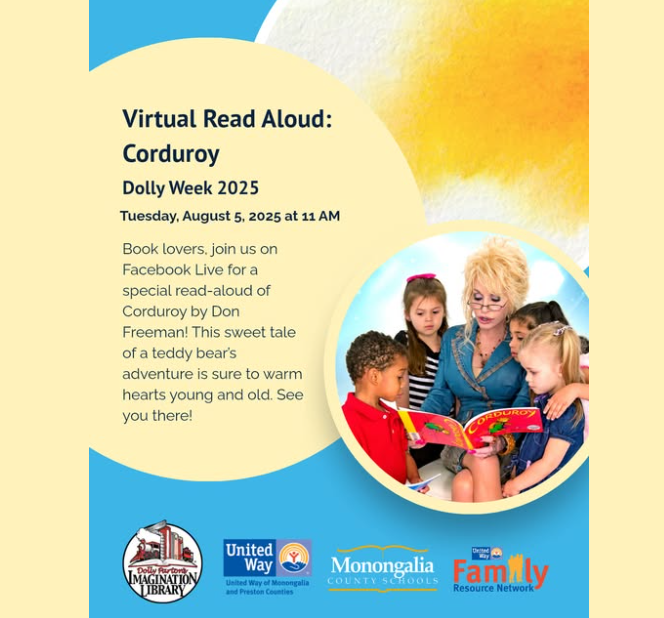 🗓️Mark your calendars 🗓️
Monongalia County Schools is 😊proudly😊 teaming with the United Way of Monongalia and Preston Counties to bring a VIRTUAL Dolly Day Read Aloud!📚                     Info below ⬇️