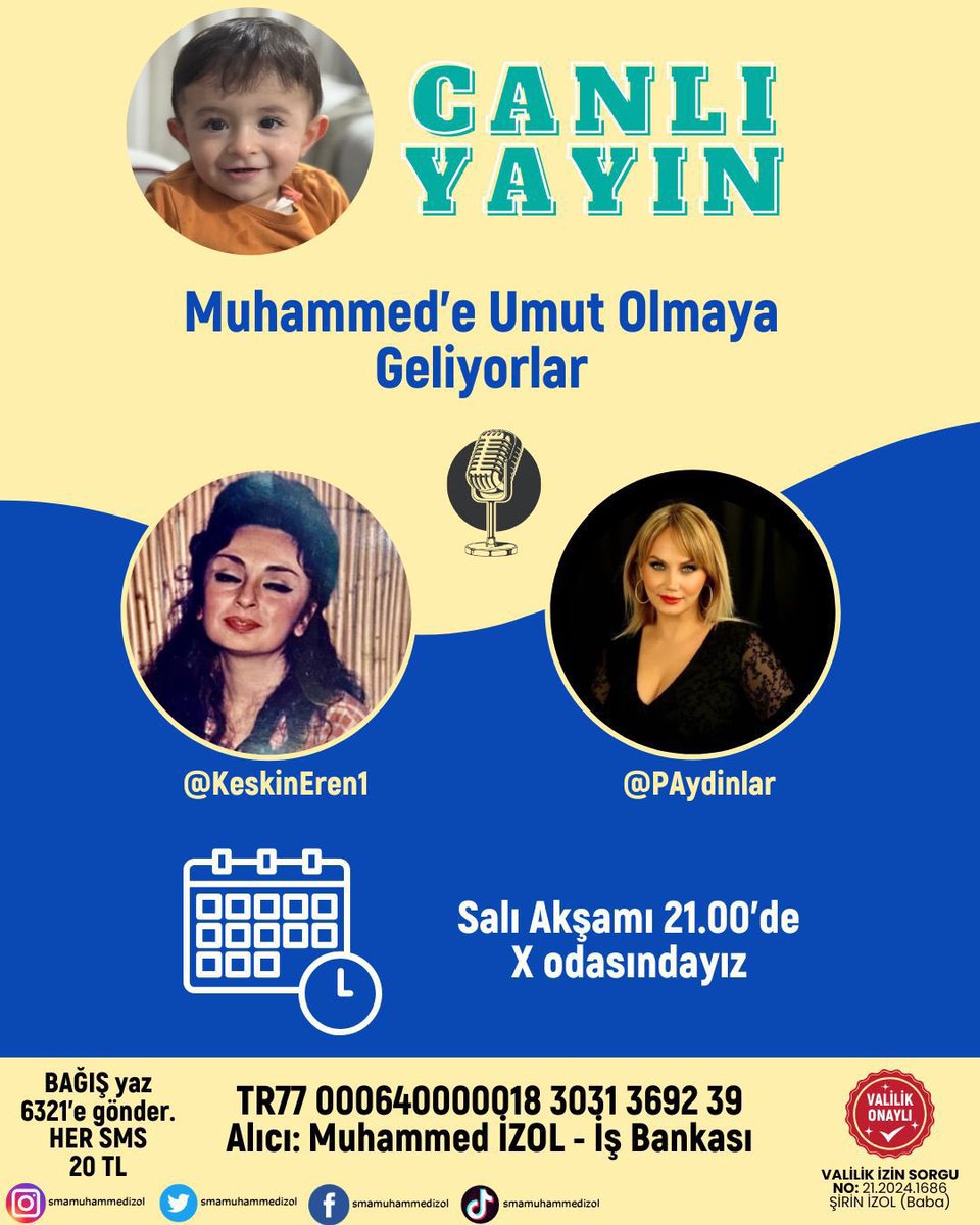 📌Yarın (Salı akşamı) akşam X’te çok özel konuklarımız var 📢📢 “08.07.2025”
 
Sevgili Av. EREN KESKİN ve Kıymetli sanatçımız PINAR AYDINLAR SMA hastası Muhammed için canlı yayında bizlerle olacak.✨

Yarın akşam minik Muhammed’in yaşamına dokunmak için umut dolu ve keyifli