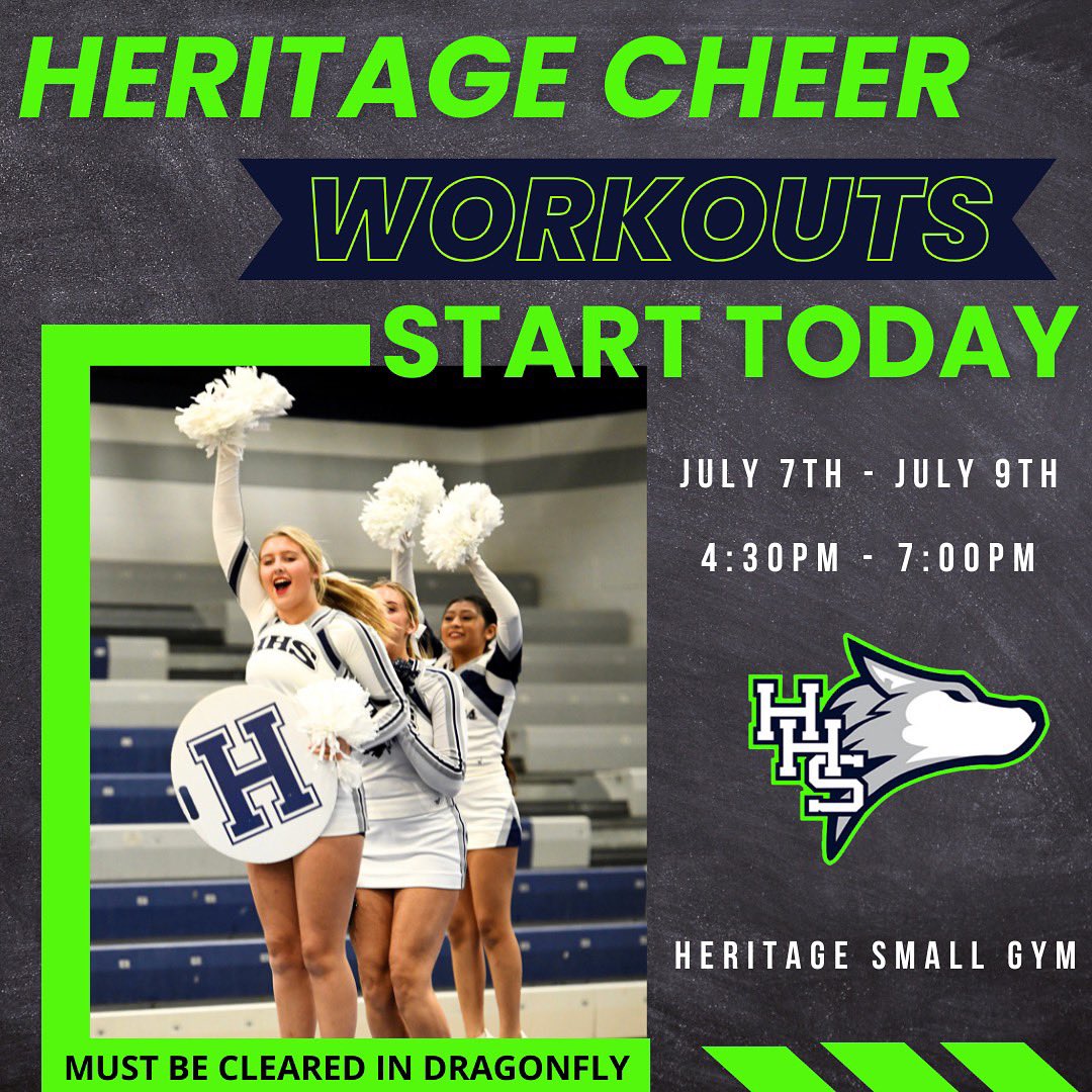 Heritage Cheer Workouts Start Today!! We look forward to seeing all this afternoon.