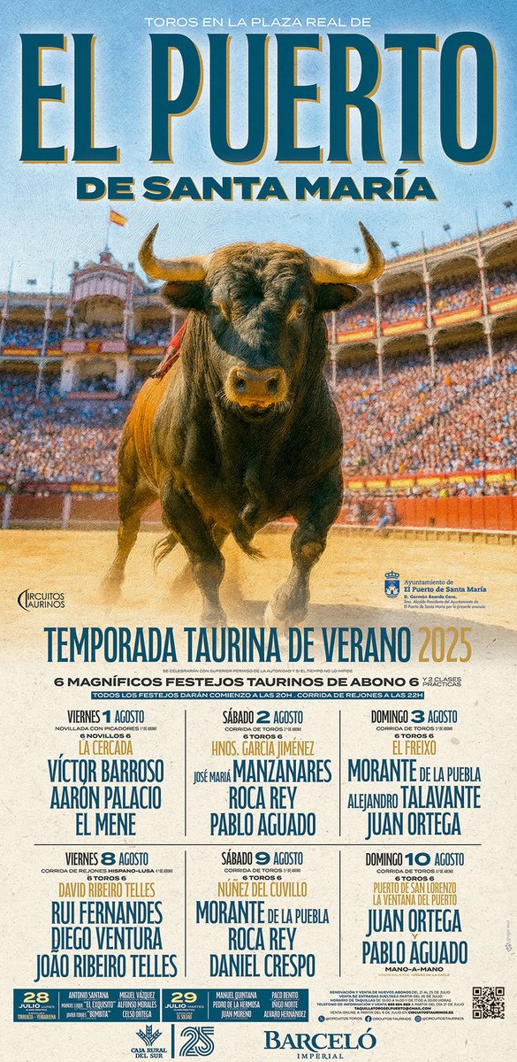 🔴 𝐂𝐀𝐑𝐓𝐄𝐋𝐄𝐒 𝐓𝐄𝐌𝐏𝐎𝐑𝐀𝐃𝐀 𝐓𝐀𝐔𝐑𝐈𝐍𝐀 𝐄𝐋 𝐏𝐔𝐄𝐑𝐓𝐎 🔴

𝟖 𝐟𝐞𝐬𝐭𝐞𝐣𝐨𝐬 abarcarán la temporada taurina estival en el coso de El Puerto de Santa María: 2 novilladas de clase práctica, 1 novillada con picadores, 4 corridas de toros y 1 corrida de rejones.