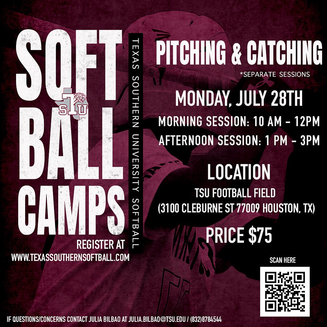 TXSO_Softball's tweet image. Join TSU Softball for a special one-day training on Monday, July 28th!
Register now at texassouthernsoftball.com
Questions? Contact Julia Bilbao at julia.bilbao@tsu.edu
Let&apos;s get to work.
#TSUSoftball #SoftballCamp
#PitchersAndCatchers #HoustonSoftball #texassouthern
