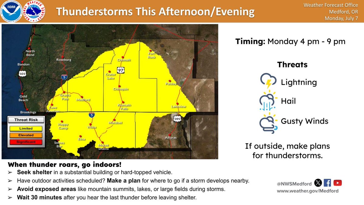 Isolated thunderstorms are expected to pop up late this afternoon, first in northern California, then expand across SW Oregon and possibly even into the valleys west of the Cascades this evening. Lightning, gusty outflow winds and small hail will be the main threats.
