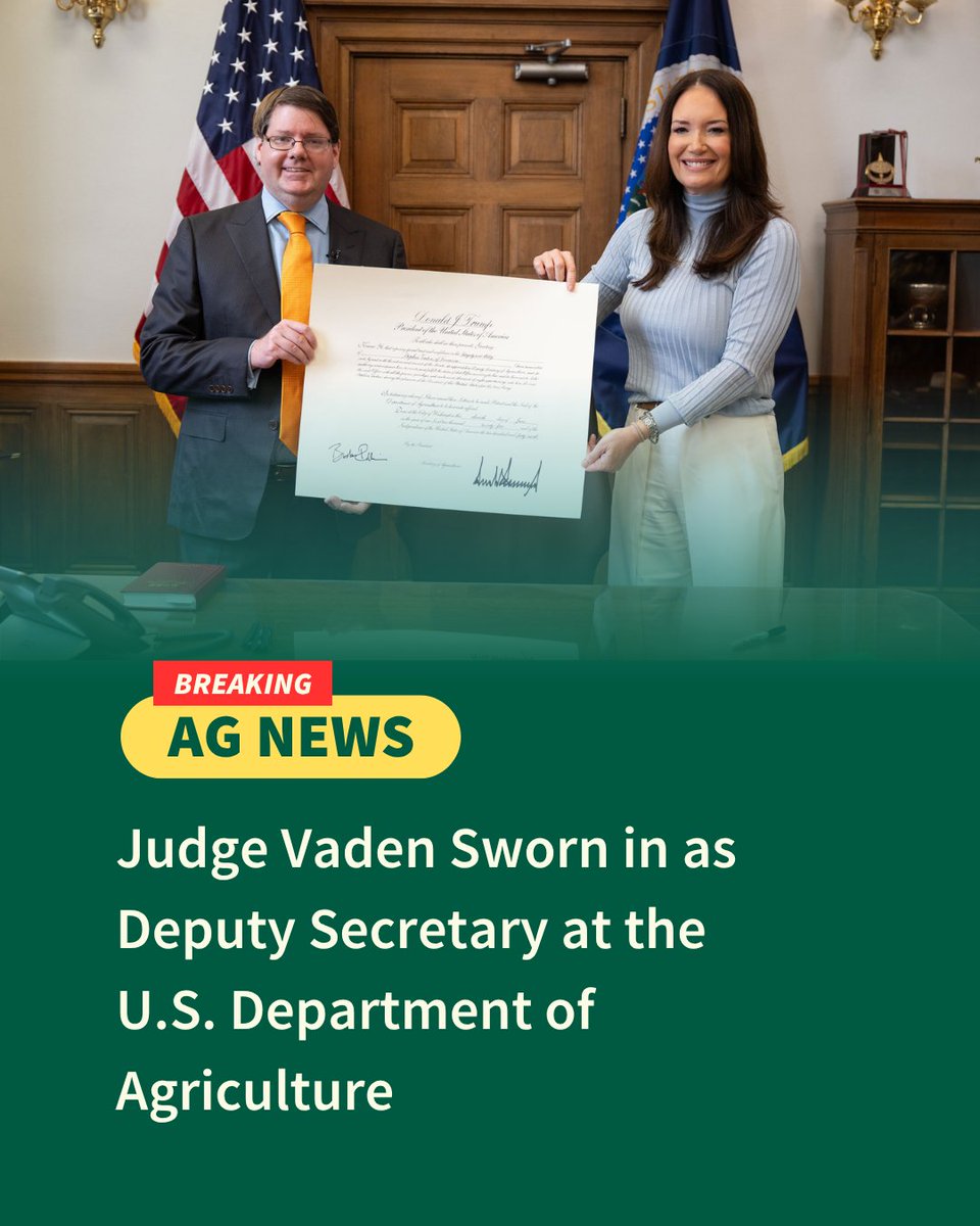 Dept. of Agriculture (@usda) on Twitter photo Today, Judge Stephen Vaden was sworn in as the Deputy Secretary of the U.S. Department of Agriculture.
He will join <a href="/SecRollins/">Secretary Brooke Rollins</a> not only to deliver on the promises of <a href="/POTUS/">President Donald J. Trump</a>, but also to execute the agriculture and nutrition policies of the One Big Beautiful Bill. Today, Judge Stephen Vaden was sworn in as the Deputy Secretary of the U.S. Department of Agriculture.
He will join <a href="/SecRollins/">Secretary Brooke Rollins</a> not only to deliver on the promises of <a href="/POTUS/">President Donald J. Trump</a>, but also to execute the agriculture and nutrition policies of the One Big Beautiful Bill.