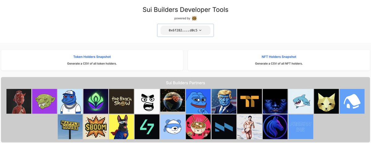 Sui Builders (@suibuilders) on Twitter photo The Sui Builders Developers Tool Suite is growing! Powered by <a href="/BoomBotsOnSui/">Boom Bots AI</a>
Token Holders Snapshot:
- Tracks <a href="/moonbags_io/">moonbags.io</a> staked & locked tokens
NFT Holders Snapshot:
- Provides an accurate NFT holders list
Coming soon:
- NFT Trading Competition bot (Test run Friday) The Sui Builders Developers Tool Suite is growing! Powered by <a href="/BoomBotsOnSui/">Boom Bots AI</a>
Token Holders Snapshot:
- Tracks <a href="/moonbags_io/">moonbags.io</a> staked & locked tokens
NFT Holders Snapshot:
- Provides an accurate NFT holders list
Coming soon:
- NFT Trading Competition bot (Test run Friday)