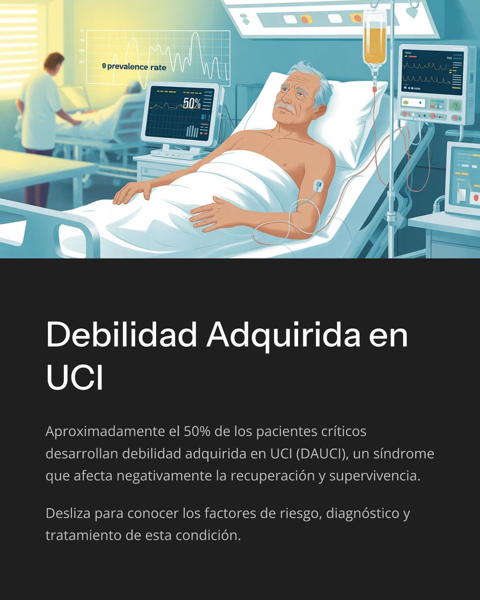 📢 ¿Qué es la Debilidad Adquirida en UCI ?

La ICU-acquired weakness (ICUAW) es una complicación común en pacientes críticos que causa debilidad muscular generalizada y afecta la recuperación. Afecta hasta al 50% de los pacientes que requieren ventilación mecánica prolongada.