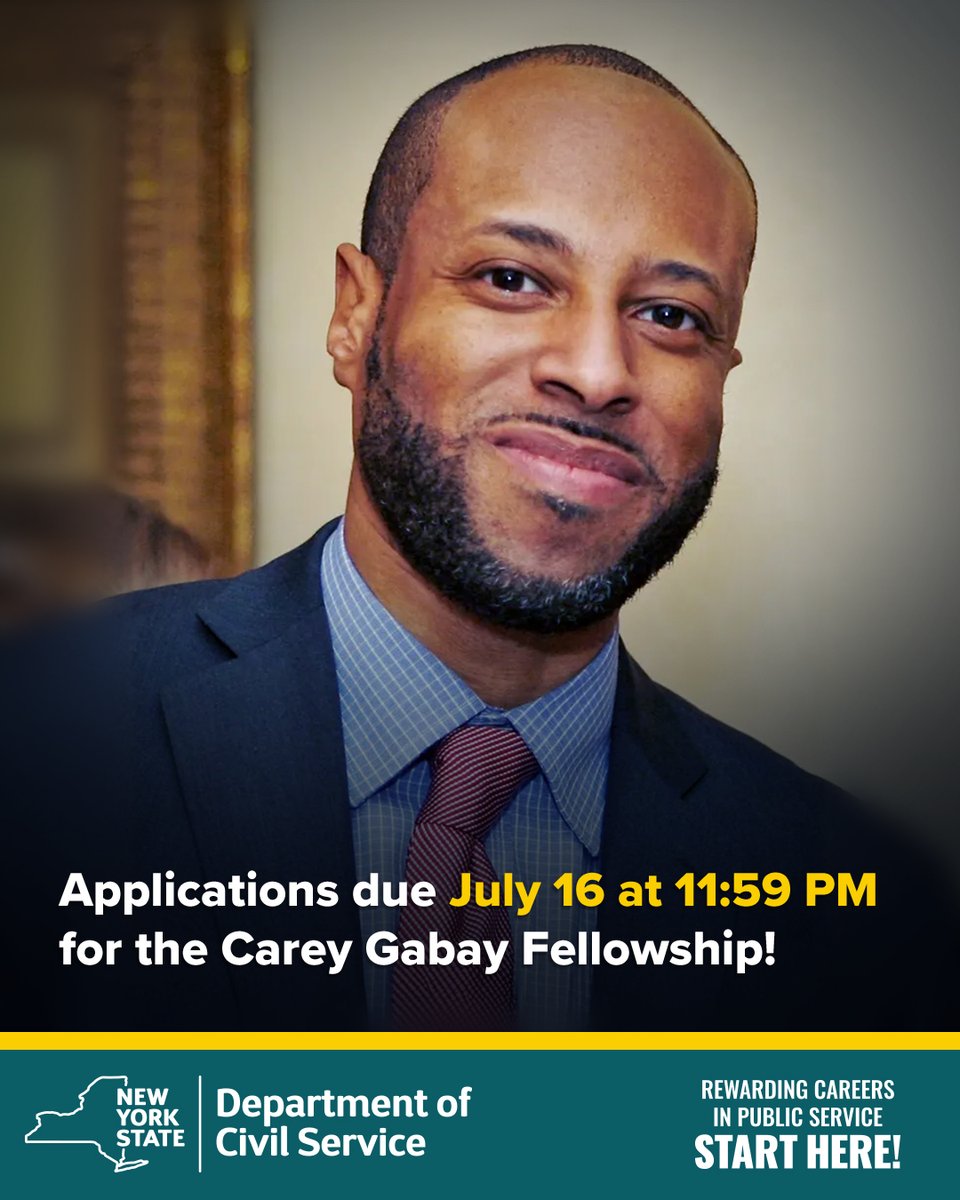 NYSCivilService's tweet image. Applications due July 16 at 11:59 PM for the Carey Gabay Fellowship!
The selected Fellow works directly with the Counsel to the Governor and their staff on issues such as violence prevention, economic equality, and community development.
Learn more: ny.gov/new-york-state…