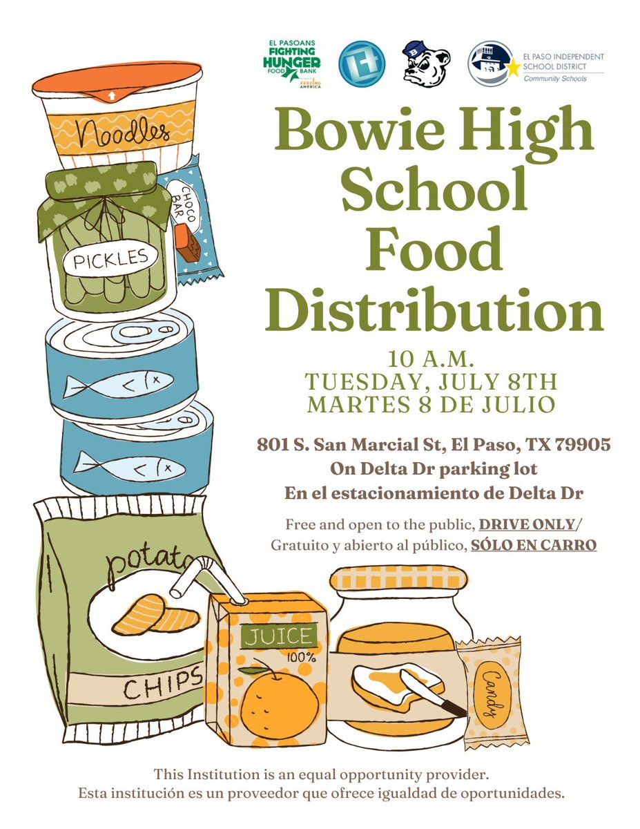 EPISD Community Schools (@csepisd) on Twitter photo Food distribution at Bowie High School on Tuesday, July 8th at 10am. We need volunteers! Please report at 9:30am for a brief orientation. Food distribution at Bowie High School on Tuesday, July 8th at 10am. We need volunteers! Please report at 9:30am for a brief orientation.
