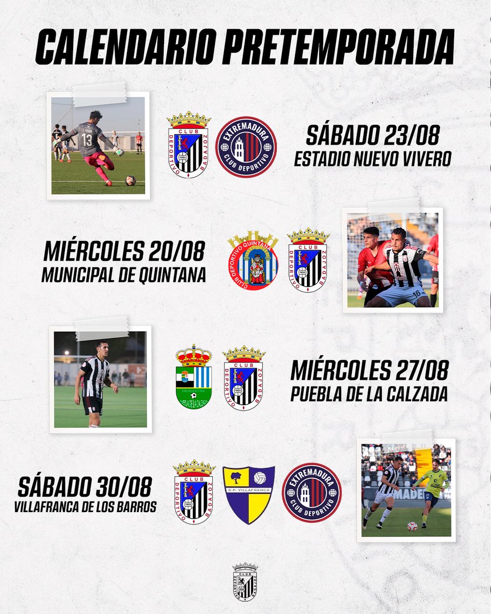 ☑️ ¡Ya están definidas todas las fechas de nuestros amistosos de pretemporada! ⚽️ ¡Que ganas de volver al trabajo afición! 💪🏼🤍🖤

😉 ¿Tenéis ya marcado algún amistoso en favoritos? 

#PretemporadaCDBadajoz #DespiertaGigante