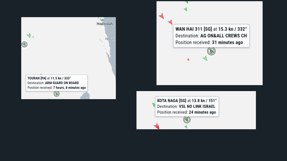 reportingLibya's tweet image. #RedSea Note how ships using Red Sea add messages to their marine tracking designators - presumably assuming attackers use ship tracking sites ?