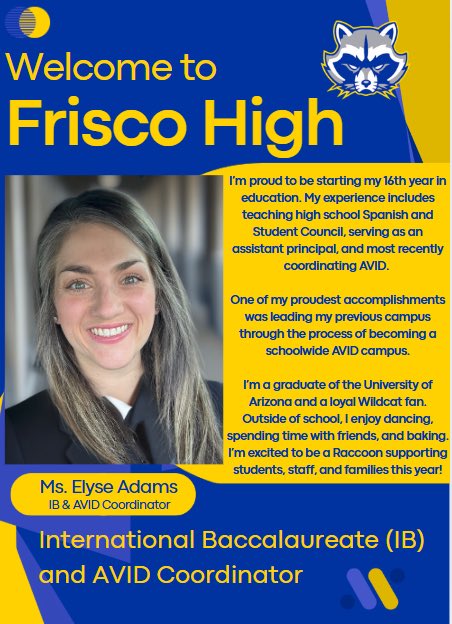 Dr. Shawn S. Perry (@drshawnperry) on Twitter photo Weโre excited to welcome Mrs. Adams to <a href="/FHSRaccoons/">Frisco High School</a> as our new IB/AVID Coordinator! She brings great experience and energy, and weโre lucky to have her joining the team.
Welcome Mrs. Adams! ๐๐ฆ Weโre excited to welcome Mrs. Adams to <a href="/FHSRaccoons/">Frisco High School</a> as our new IB/AVID Coordinator! She brings great experience and energy, and weโre lucky to have her joining the team.
Welcome Mrs. Adams! ๐๐ฆ