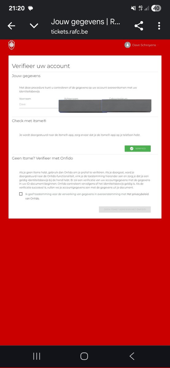 <a href="/official_rafc/">Royal Antwerp FC</a> 

Een mail krijgen met daarin het bericht dat mijn account niet geverifieerd is, terwijl het duidelijk is dat dit wel al is gebeurd...   net zoals de app die nog altyd niet werkt(of amper*) lijkt me dit een fout van jullie informatica-systeem?!