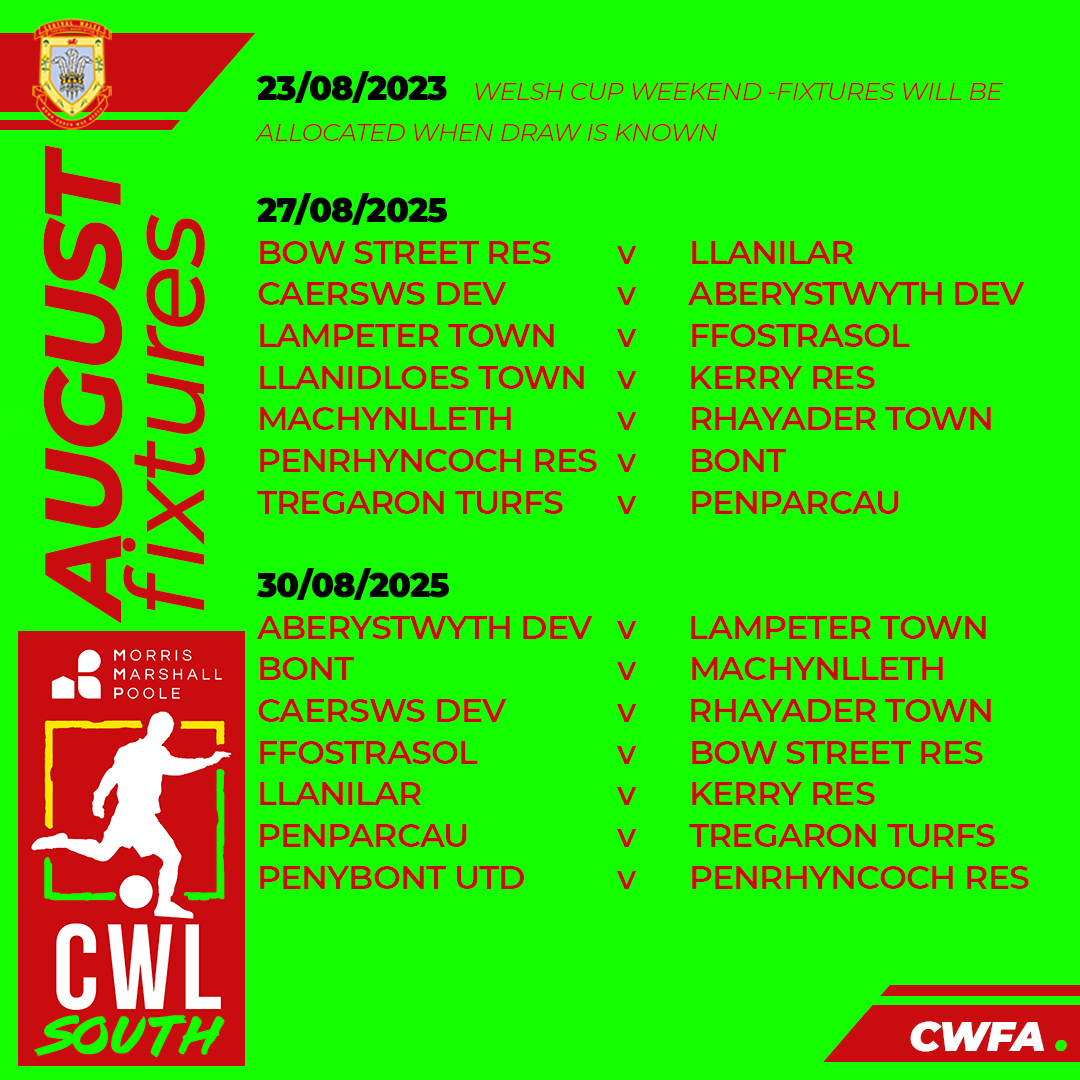 Central Wales FA (@centralwalesfa) on Twitter photo Your <a href="/MMPestateagents/">Morris Marshall</a> Central Wales League South Fixtures for August with a fresh new look #CWFA Your <a href="/MMPestateagents/">Morris Marshall</a> Central Wales League South Fixtures for August with a fresh new look #CWFA