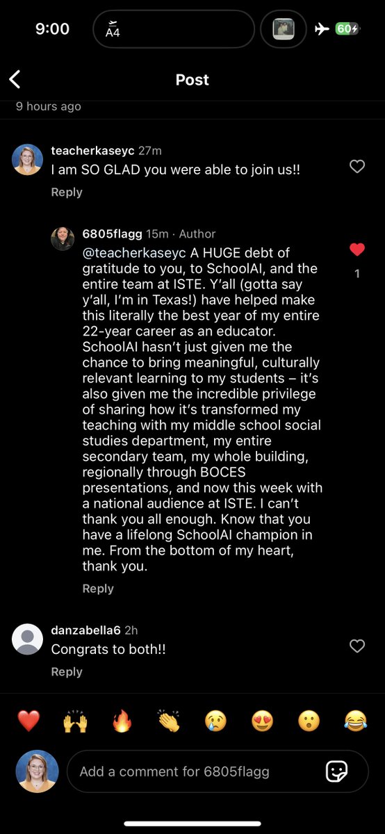 This message is from one of our ISTE giveaway winners and it's a really good look at WHY we do what we do here at SchoolAI. Transforming classrooms one at a time! 

Let's keep building!
