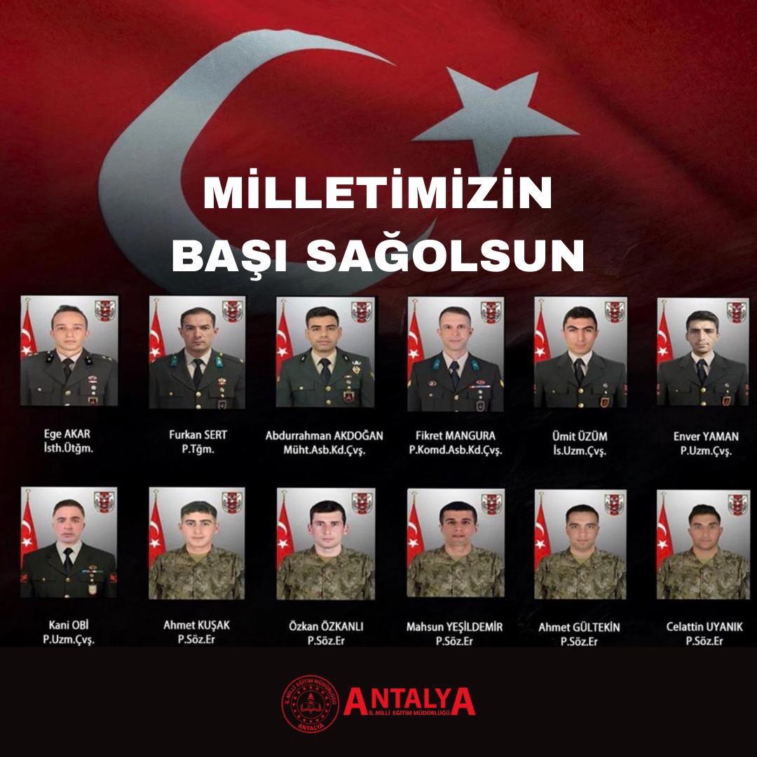 Aziz şehitlerimize Allah’tan rahmet, kederli ailelerine ve yakınlarına sabır ve metanet diliyoruz.

Vatan uğruna can veren kahramanlarımızın aziz hatıraları, milletimizin gönlünde ilelebet yaşayacaktır. Şehitlerimizin ruhları şad, mekânları cennet olsun.

<a href="/tcmeb/">Millî Eğitim Bakanlığı</a> <a href="/Yusuf__Tekin/">Yusuf Tekin</a>