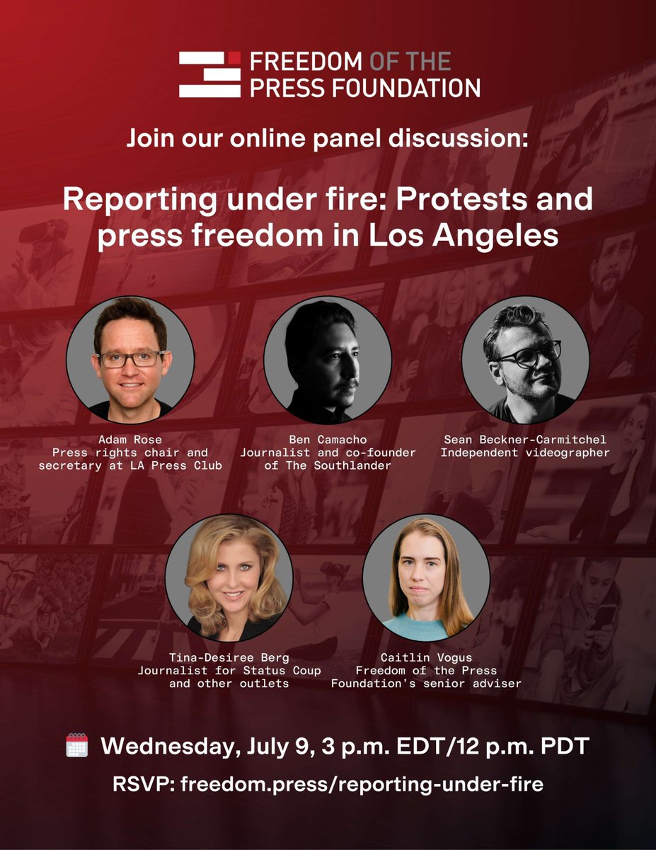 FACoalition's tweet image. 📆 Wed 7/9 12 PM PT: Hear from journalists who have sued @LAPDHQ and @LASheriffDept for its treatment of reporters covering protests in LA. FAC clients @adjoro & @TinaDesireeBerg of @statuscoup join @ACatWithNews @bencamach0 and @caitlinvogus. RSVP: zoom.us/webinar/regist…