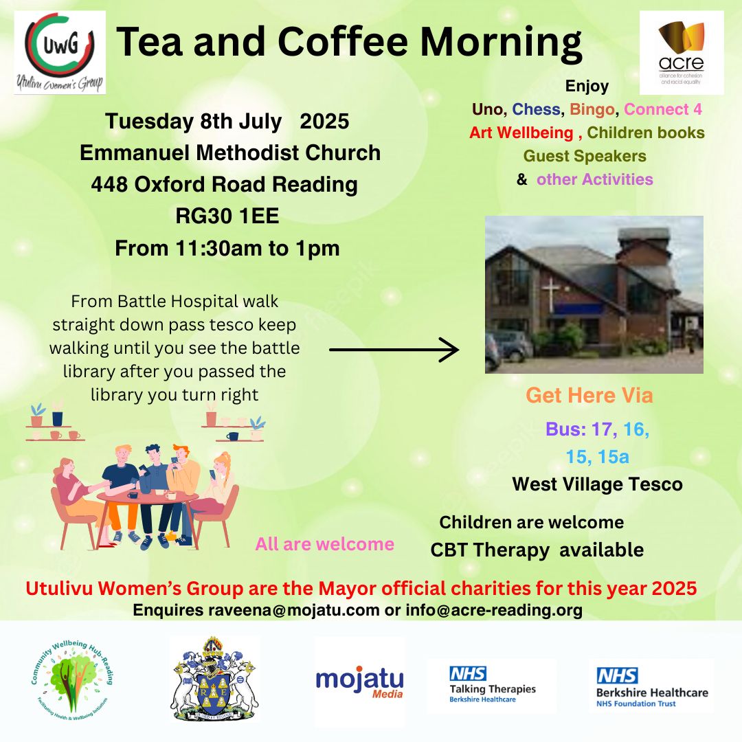 Come along and enjoy a warm drink, cold drink and friendly conversation, play games  and a chance to connect with the community and us 

#Utulivu #Acre #Communitywellbeinghubreading #mojatu #Berkshirehealthcarefoundationtrust #talkingtherapies