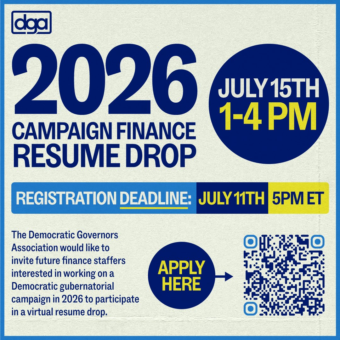 🚨Calling all future finance staffers! If you’re looking to join a gubernatorial race for the 2026 cycle, take part in our virtual resume drop, details below ⬇️