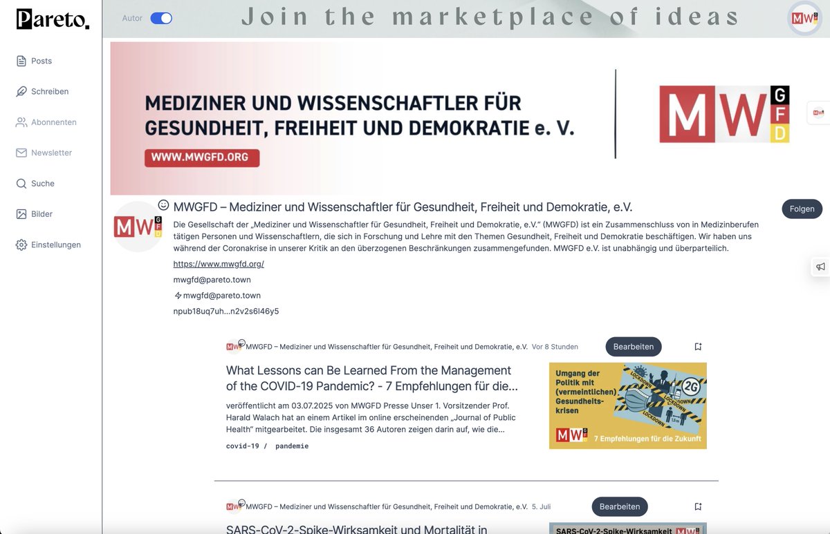 Der MWGFD ist nun auch bei Pareto:
pareto.space/u/mwgfd@pareto…

Wer noch nie von Pareto gehört hat – hier ein Zitat der Betreiber:
"Pareto ist ein Open Source Ökosystem für zensurfreien Bürger-Journalismus auf der Basis von Nostr, Lightning und eCash. An dem Projekt arbeitet eine
