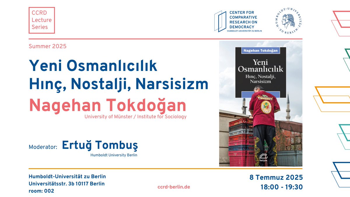 CCRD Lecture Series'in 8. buluşmasında Nagehan Tokdoğan'ı konuk ediyoruz. 

Nagehan Hoca'nın kitabının İngilizce çevirisi 2024’te açık erişim olarak yayımlandı. 

Neo-Ottomanism and the Politics of Emotions in Turkey: Resentment, Nostalgia, Narcissism
link.springer.com/book/10.1007/9…
