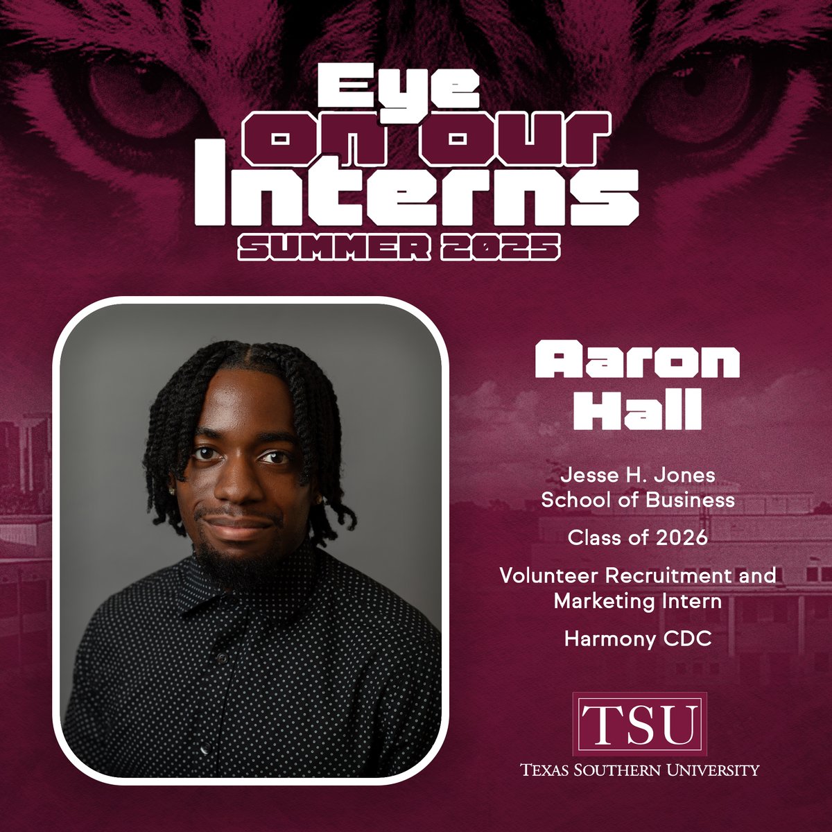 #EyeOnOurInterns Meet Aaron Hall, a Junior Marketing major from Dallas, interning at Harmony CDC as a Volunteer Recruitment &amp; Marketing Intern. From leading service projects to creating digital content, Aaron is using media to uplift, &amp; drive impact through creative storytelling.