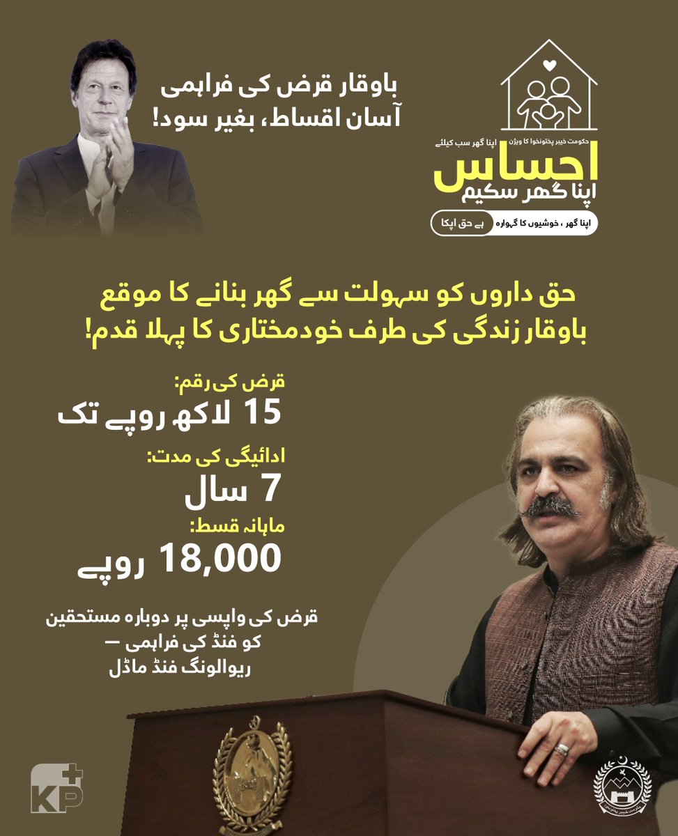 احساس اپنا گھر اسکیم – خیبرپختونخوا حکومت کا غریب دوست اقدام

وزیراعلیٰ علی امین گنڈاپور کی قیادت میں "احساس اپنا گھر اسکیم" کا باضابطہ آغاز۔ کم آمدن والے افراد کو *بلاسود قرضوں* کی فراہمی کا عمل شروع، اسکیم کے لیے 4 ارب روپے مختص۔

🔹 اہلیت: 18 سے 65 سال عمر، آمدن ایک لاکھ سے کم