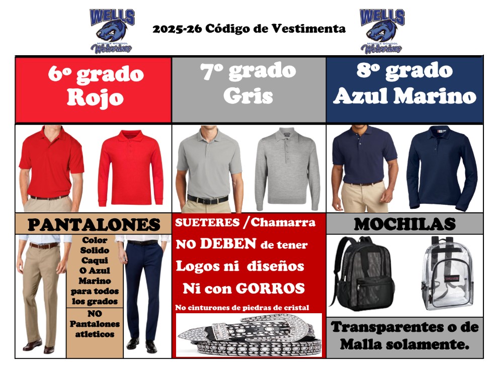 WellsWolverines's tweet image. Padres y tutores, al prepararse para el próximo año escolar, por favor revisen las pautas del código de vestimenta. Si tienen preguntas adicionales, pueden llamar al 281-891-7750.