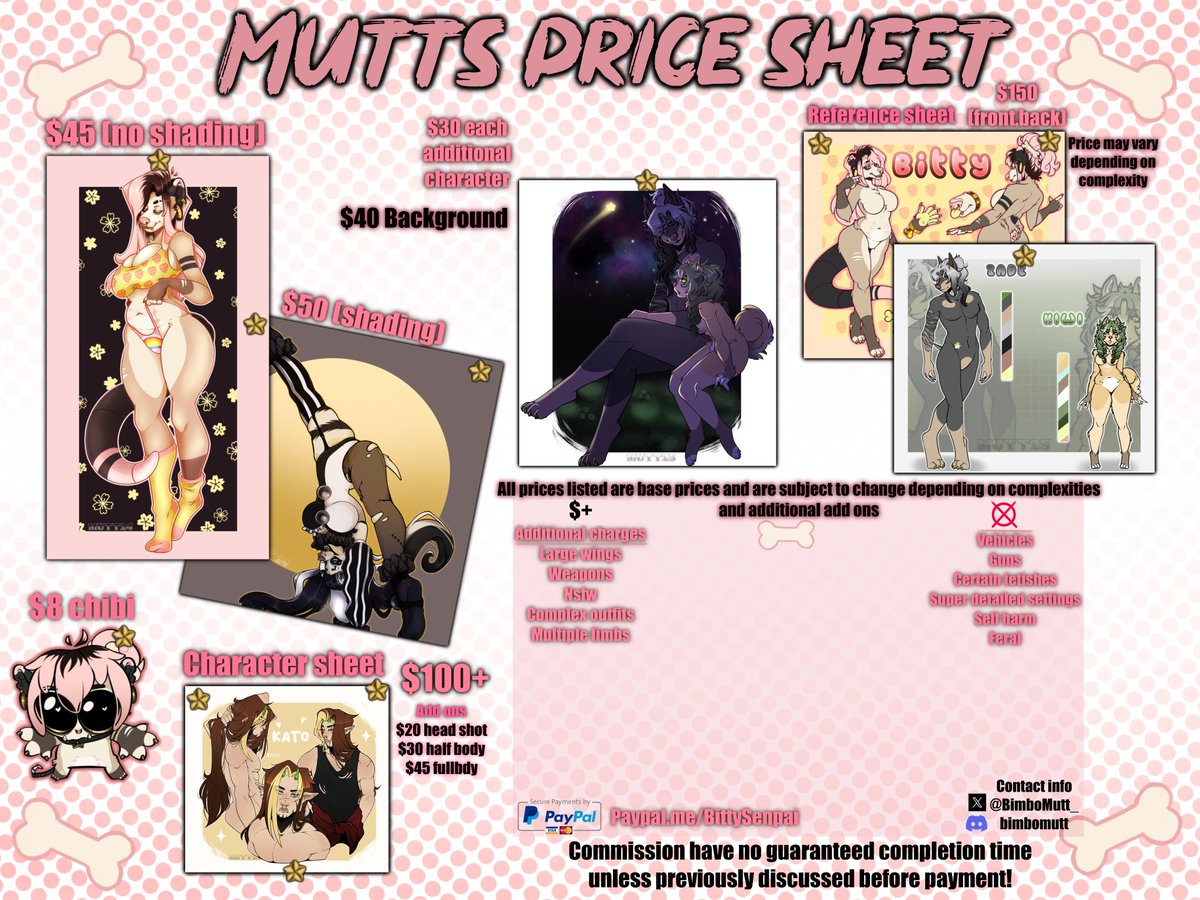 Finally made a price sheet!! still getting al the details so ill be updating it but for now i at least have all my base prices! My commissions are open so feel free to reach out with any questions!