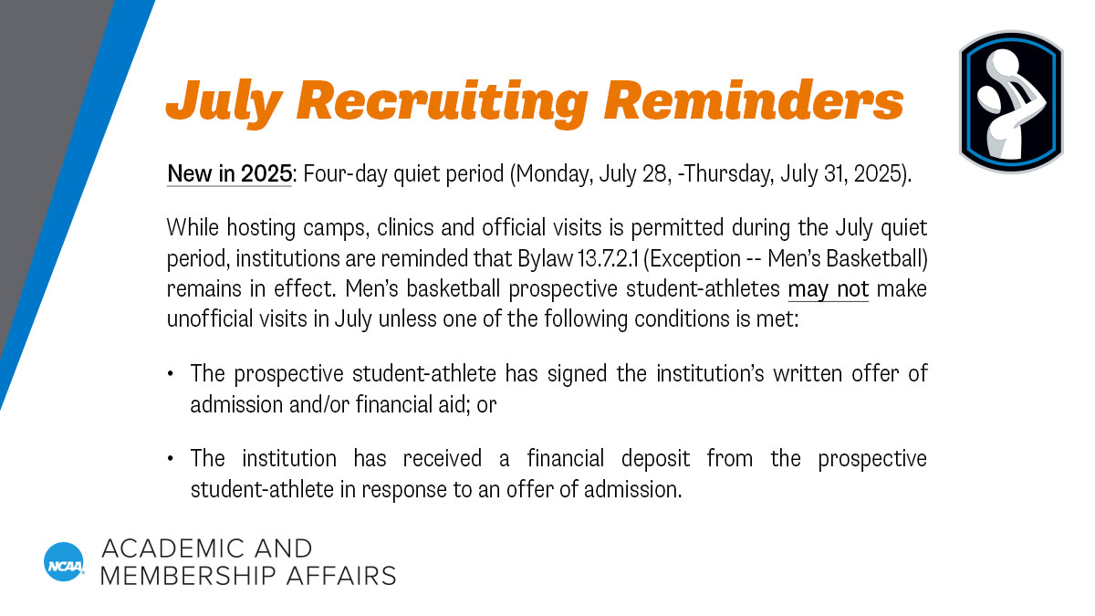 NCAACompliance's tweet photo. 🔔Attention Division I Men's Basketball Coaches🔔

Check out the graphic below for recruiting reminders for July 2025 related to the quiet period and unofficial visits in Division I men's basketball. https://t.co/8spNwFxhBU