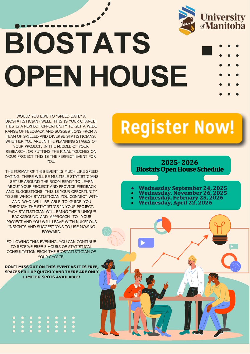 Join us for the Biostats Open House on Sept. 24, 2025 - your chance to “speed date” with expert biostatisticians! Tailored feedback, fresh insights, up to 5 hours of free consultation. Limited spots — don’t miss out! bit.ly/4kfql9w
#Biostats #Openhouse #PGME #UManitoba