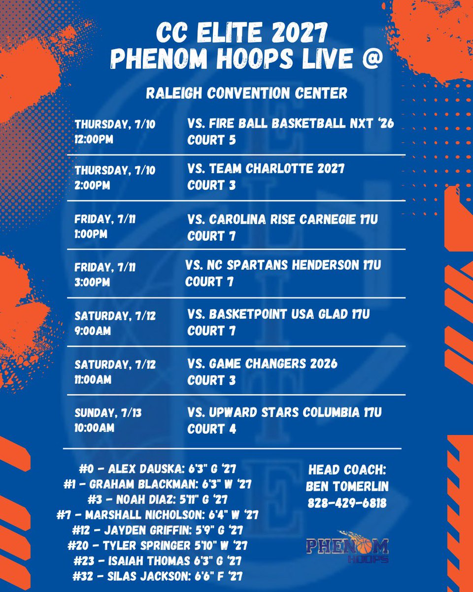 Carolina Courts Elite (@ccelitebball) on Twitter photo Our 2027 Guys Had a Great June w/ Their HS Teams ‼️
Phenom Hoops Live in Raleigh, NC this Weekend 💯
College Coaches, Schedule Below ⬇️
<a href="/Phenom_Hoops/">Phenom Hoop Report</a> <a href="/Coach_Rick57/">Rick Lewis</a> <a href="/colbylewis20/">Colby Lewis</a> <a href="/ty1ewis/">Tyler Lewis</a> <a href="/CoachTomerlin/">Ben Tomerlin</a>
#BeCCElite Our 2027 Guys Had a Great June w/ Their HS Teams ‼️
Phenom Hoops Live in Raleigh, NC this Weekend 💯
College Coaches, Schedule Below ⬇️
<a href="/Phenom_Hoops/">Phenom Hoop Report</a> <a href="/Coach_Rick57/">Rick Lewis</a> <a href="/colbylewis20/">Colby Lewis</a> <a href="/ty1ewis/">Tyler Lewis</a> <a href="/CoachTomerlin/">Ben Tomerlin</a>
#BeCCElite