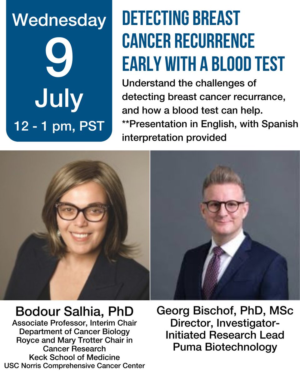 This week! The Lazarex Cancer Wellness HUB in Los Angeles presents “Detecting Breast Cancer Recurrence Early with a Blood Test.”

The presentation will be in English, with Spanish interpretation provided. Register at: qrto.org/c3SGxR