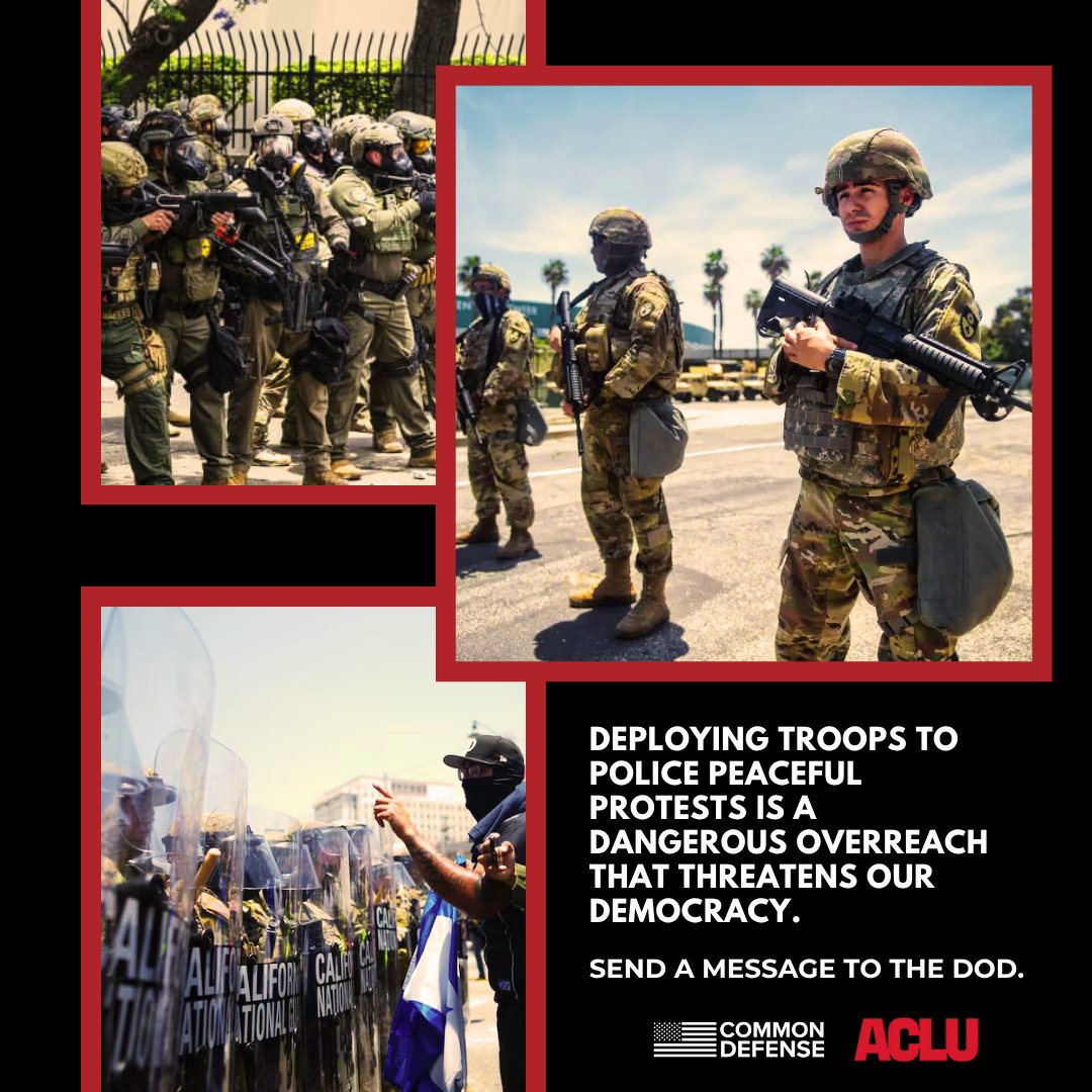 commondefense's tweet image. 🇺🇸 Veterans and military families agree: military troops should not police our communities. Add your name to our petition with @ACLU demanding the DoD withdraw troops from LA now.
✊🔗 act.aclu.org/a/service-memb…
#TroopsOffOurStreets #ProtectDemocracy
