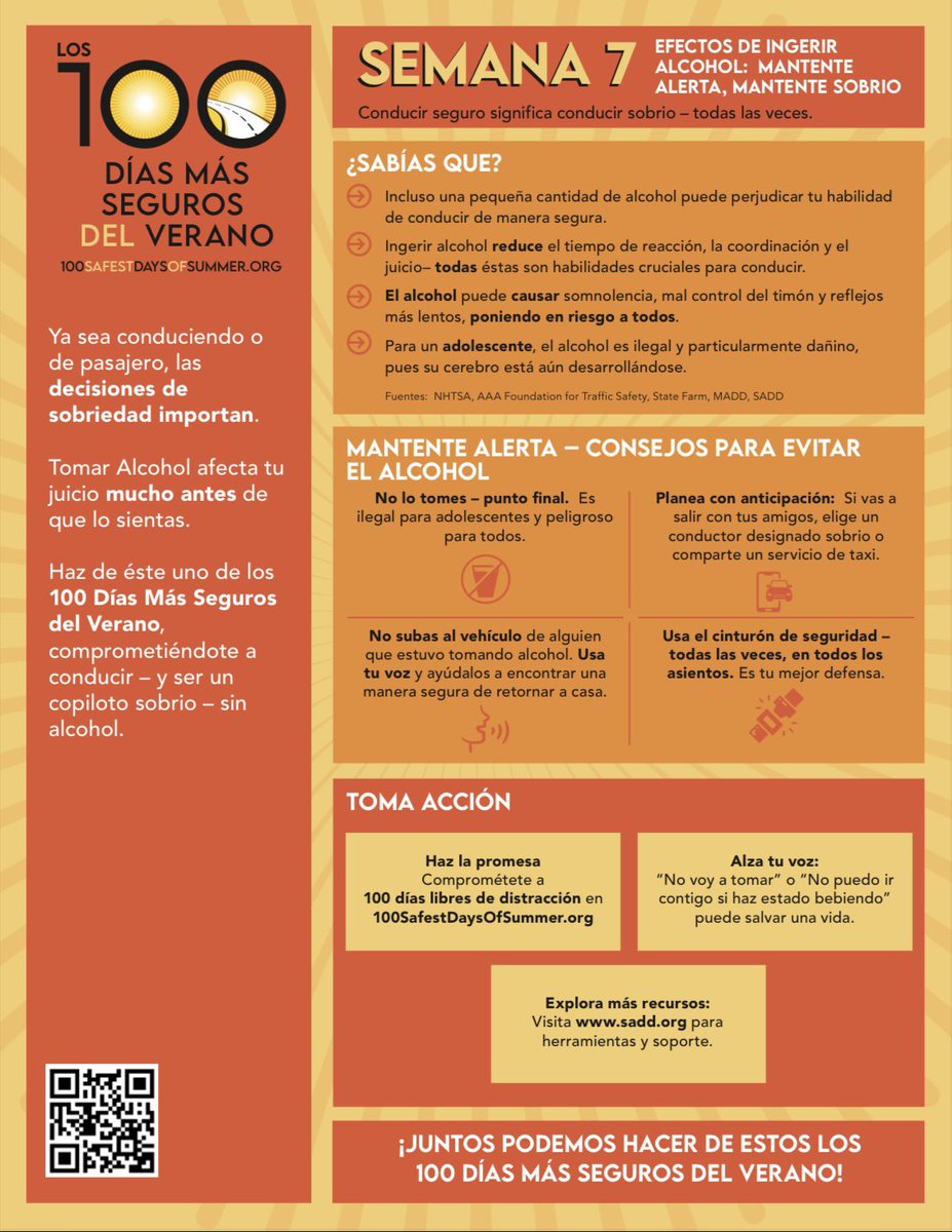impactdrivers's tweet image. Week 7 of the #100SafestDaysOfSummer: Pinch and zoom or go to the link 100safestdaysofsummer.org/_files/ugd/4d9…. Desliza hacia la izquierda para ver español. This week we are focused alcohol impairment.
Post and tag us in your content!
#100SafestDays #YouHaveThePower #SoberDriving #enespañol