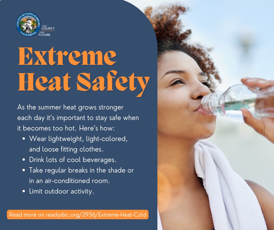 As the summer heat grows stronger each day it’s important to stay safe when it becomes too hot. 

To read more about extreme heat safety visit readysbc.org/2936/Extreme-H…

#SantaBarbaraCounty #HeatSafety #Summer