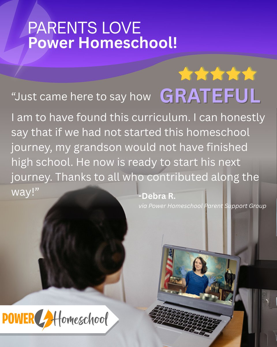Real stories. Real #success. Parents (even grandparents!) love #PowerHomeschool's engaging curriculum and the built in #community of Power Homeschool families. Debra R. states, "If we had not started this homeschool journey, my grandson wouldn’t have finished high school. He is