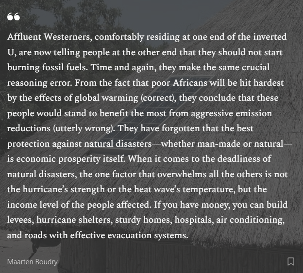 mboudry's tweet photo. "Affluent Westerners, comfortably residing at one end of the inverted U, are now telling people at the other end that they should not start burning fossil fuels. Time and again, they make the same crucial reasoning error." #ClimateColonialism https://t.co/mVIyyCsEM8