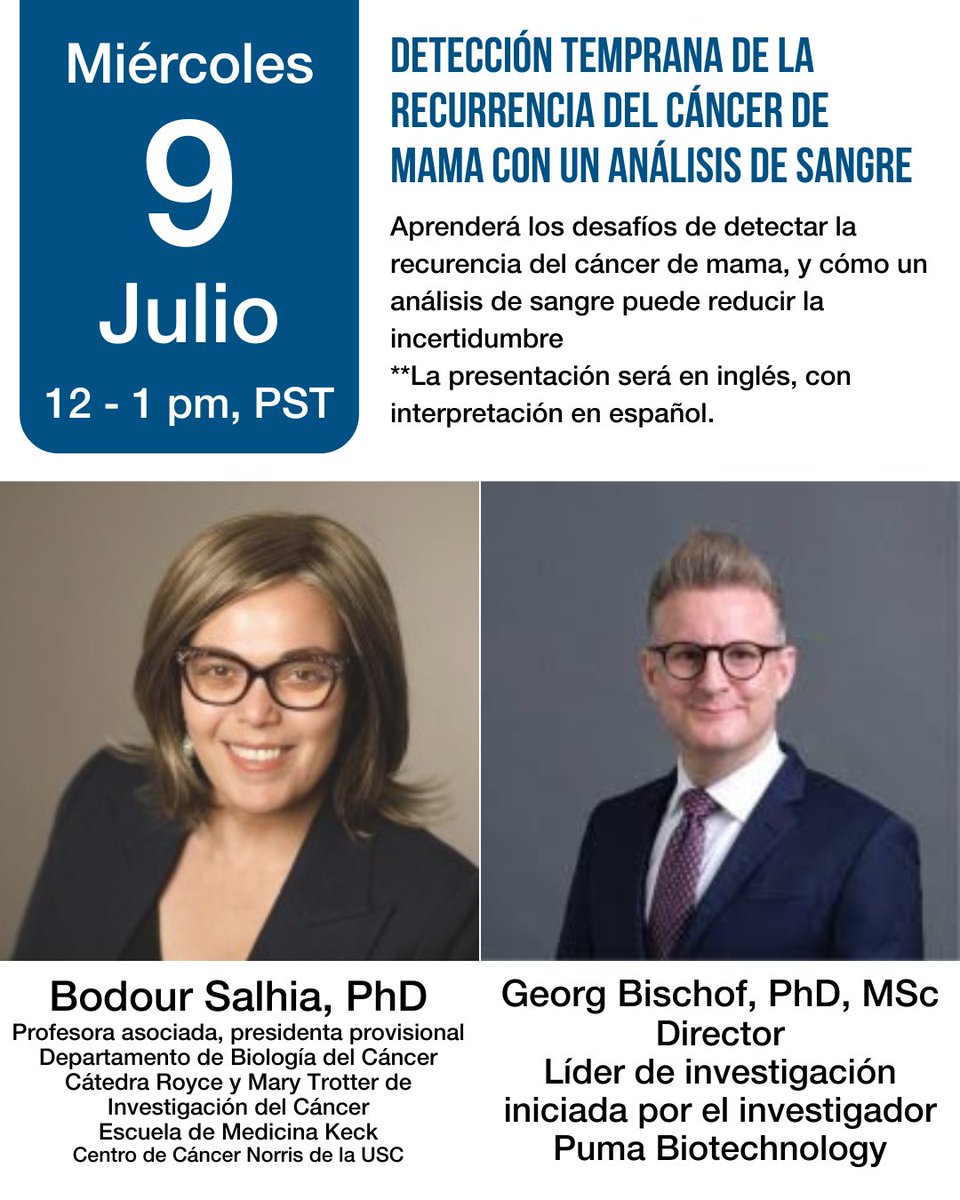 Esta semana! El Lazerex Cancer Wellness HUB en Los Angeles presenta “Detección Temprana de la Recurrencia del Cáncer de Mama con un Análisis de Sangre.”

La presentación será en inglés, con interpretación a español. Regístrese: qrto.org/c3SGxR